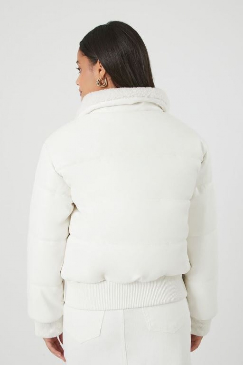 Chaqueta Acolchada Forever 21 Faux Cuero Zip Up Puffer Mujer Blancas | Q4DDZK7eXyI