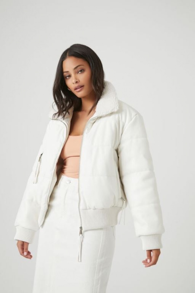 Chaqueta Acolchada Forever 21 Faux Cuero Zip Up Puffer Mujer Blancas | Q4DDZK7eXyI