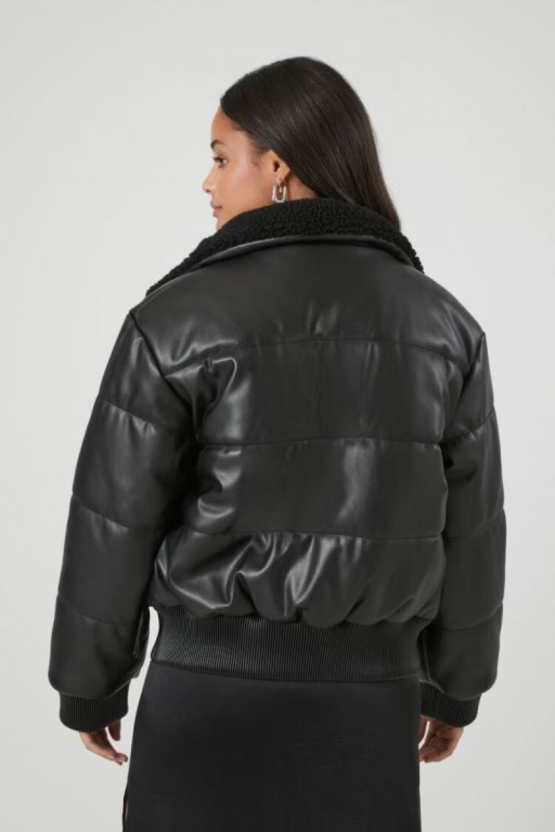 Chaqueta Acolchada Forever 21 Faux Cuero Zip Up Puffer Mujer Negras | T2b1KIPFXaN