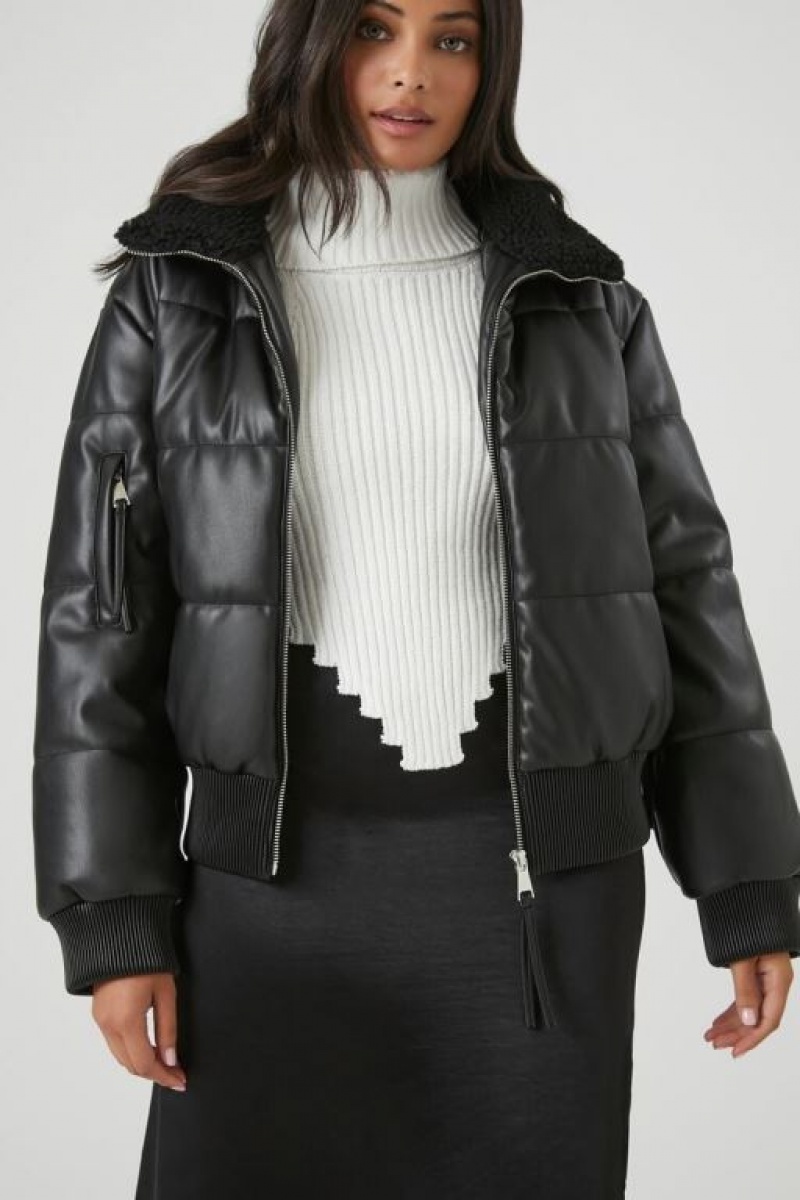 Chaqueta Acolchada Forever 21 Faux Cuero Zip Up Puffer Mujer Negras | T2b1KIPFXaN