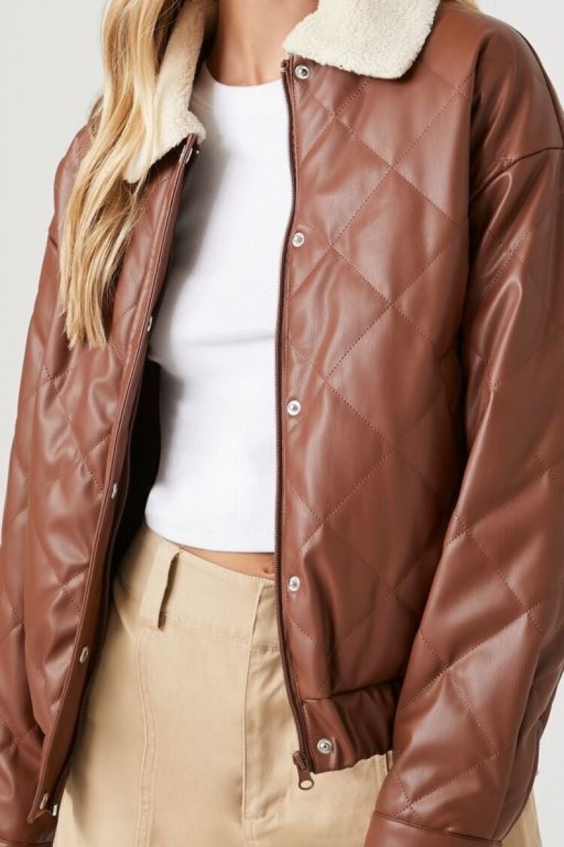 Chaqueta Acolchada Forever 21 Faux Cuero Acolchado Bomber Mujer Marrones Marrones | B438oQuI2P3