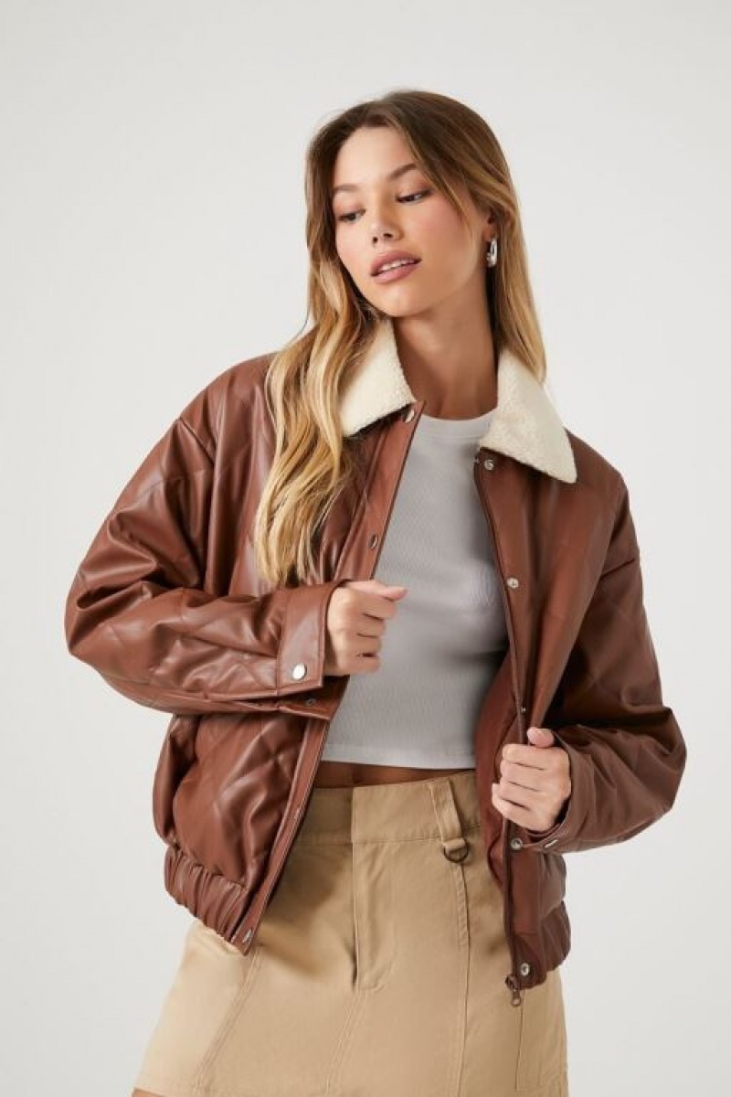 Chaqueta Acolchada Forever 21 Faux Cuero Acolchado Bomber Mujer Marrones Marrones | B438oQuI2P3