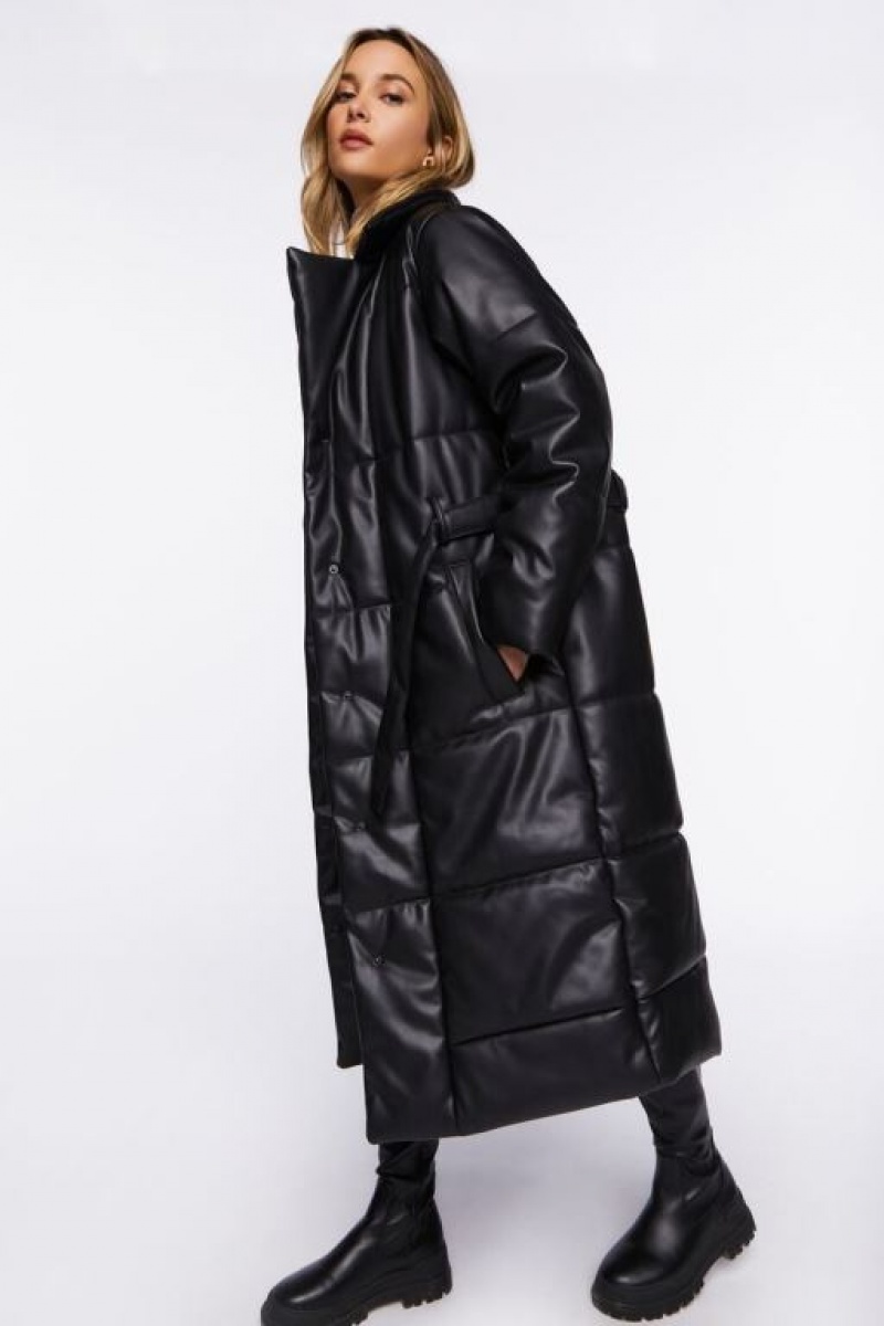 Chaqueta Acolchada Forever 21 Faux Cuero Longline Puffer Coat Mujer Negras | mqWZPlruJ4o