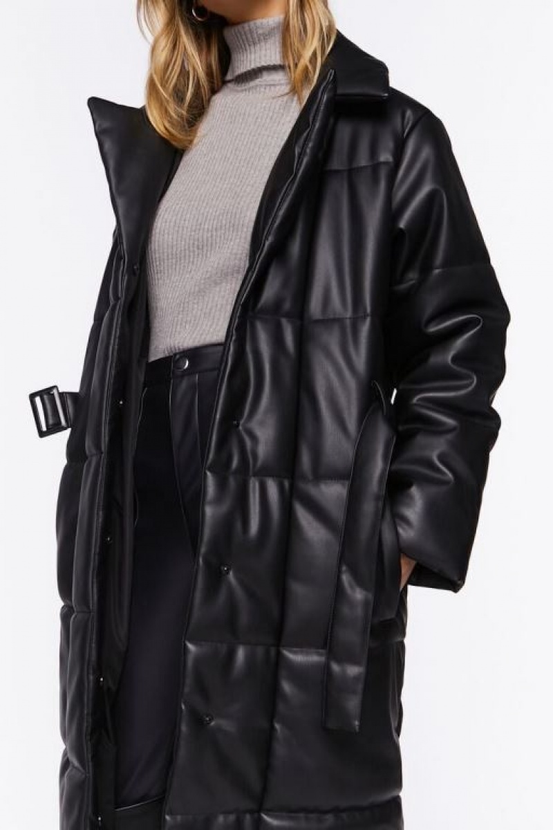 Chaqueta Acolchada Forever 21 Faux Cuero Longline Puffer Coat Mujer Negras | mqWZPlruJ4o