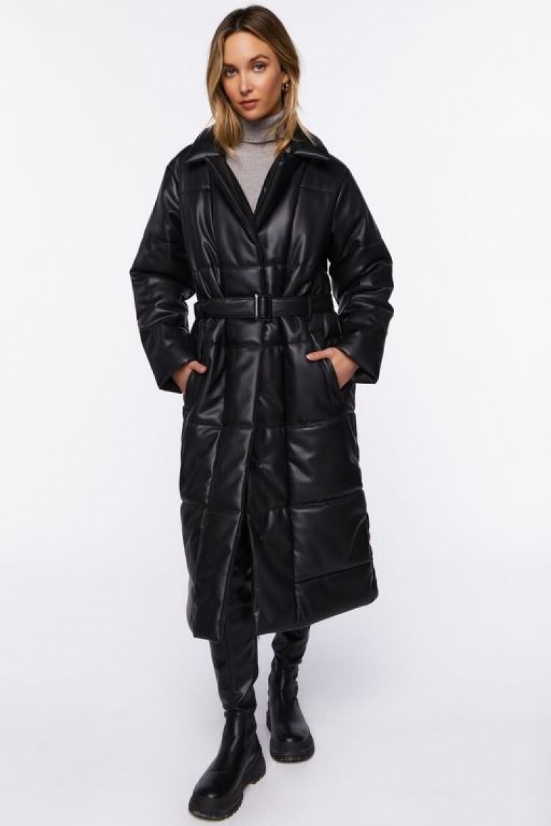 Chaqueta Acolchada Forever 21 Faux Cuero Longline Puffer Coat Mujer Negras | mqWZPlruJ4o