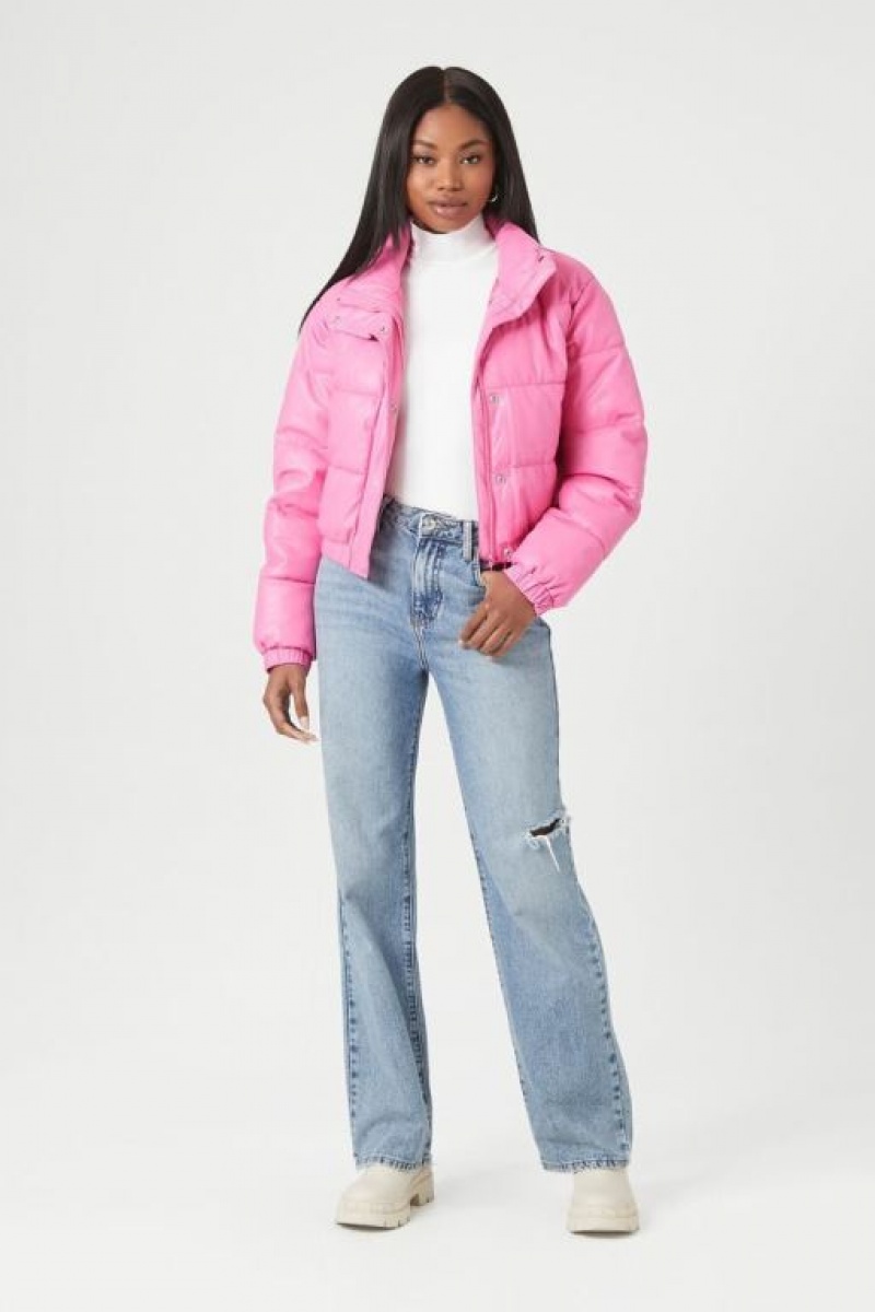 Chaqueta Acolchada Forever 21 Faux Cuero Puffer Mujer Rosas | x24PYRwkhAp