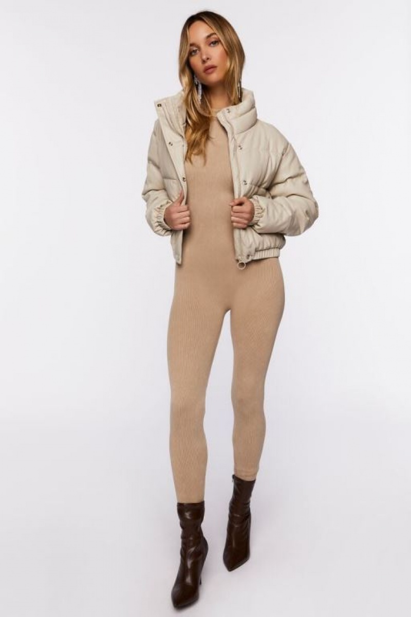 Chaqueta Acolchada Forever 21 Faux Cuero Puffer Mujer Beige | A1FwwFCzTuw