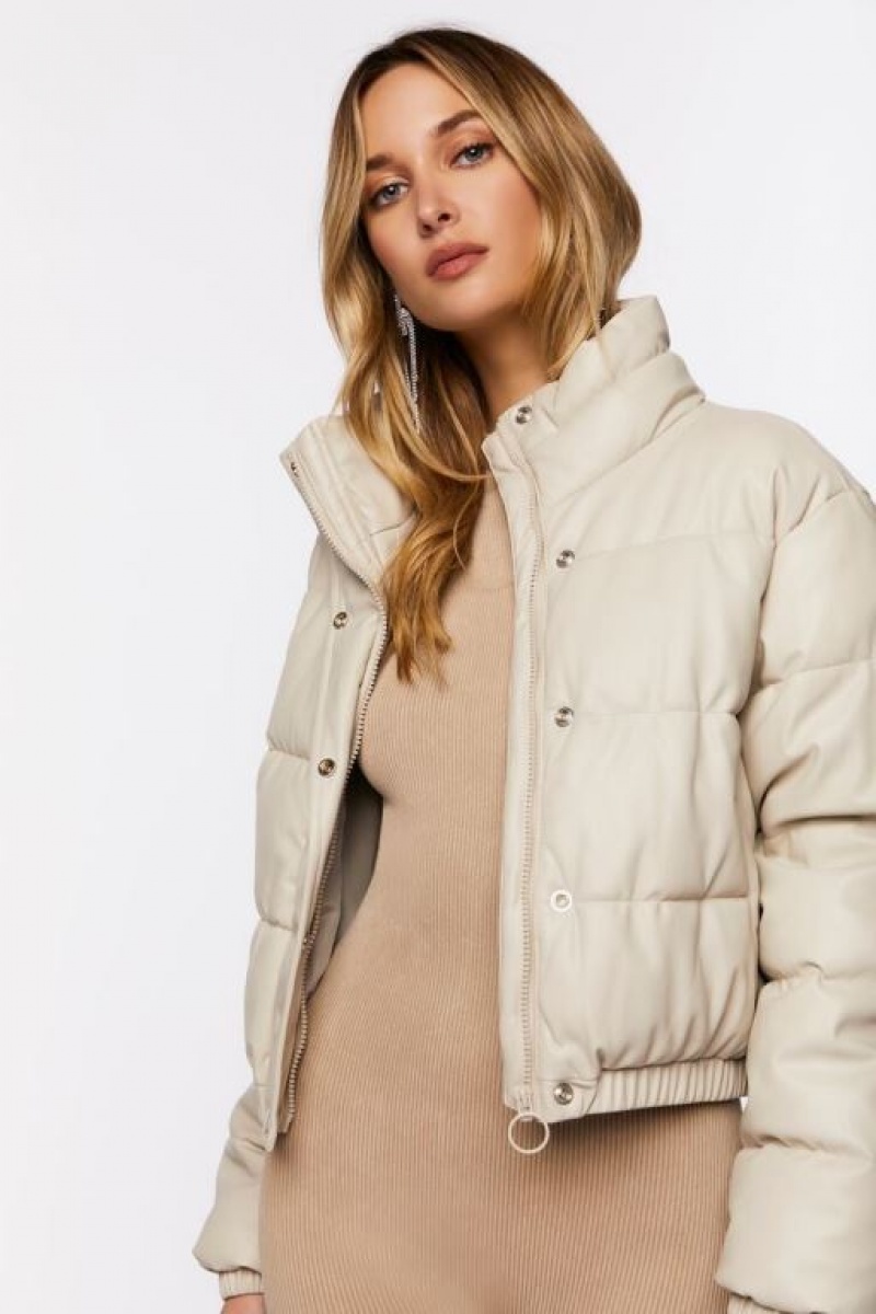 Chaqueta Acolchada Forever 21 Faux Cuero Puffer Mujer Beige | A1FwwFCzTuw