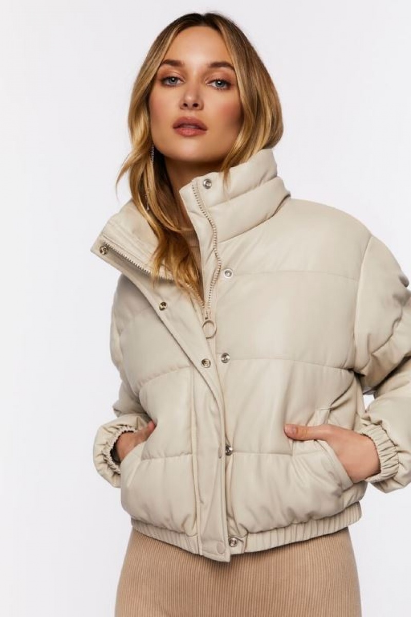 Chaqueta Acolchada Forever 21 Faux Cuero Puffer Mujer Beige | A1FwwFCzTuw