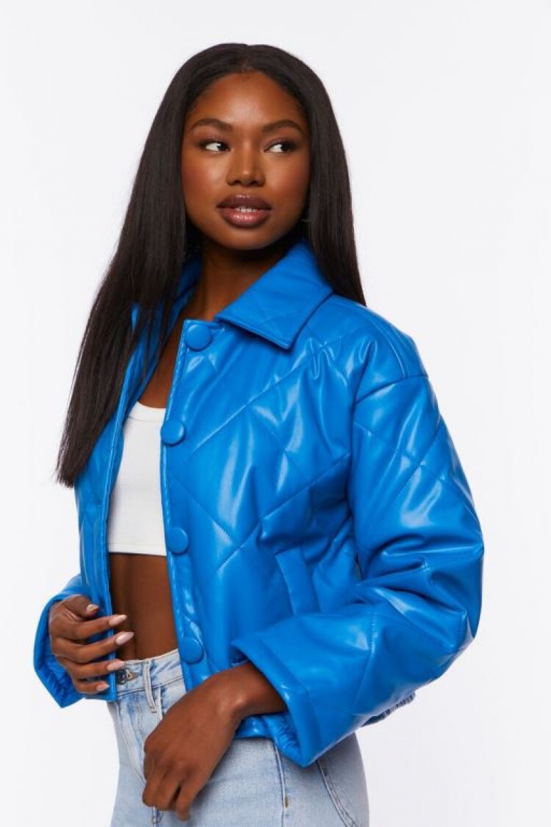 Chaqueta Acolchada Forever 21 Faux Cuero Acolchado Mujer Azules Oscuro | iIoNiTtPJjb