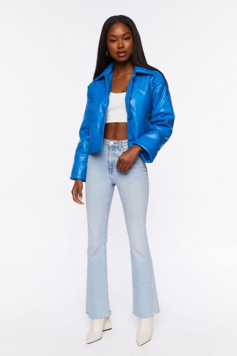 Chaqueta Acolchada Forever 21 Faux Cuero Acolchado Mujer Azules Oscuro | iIoNiTtPJjb