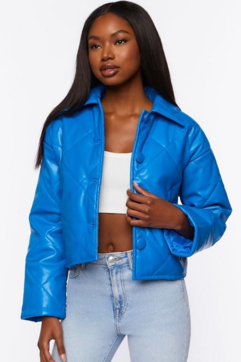 Chaqueta Acolchada Forever 21 Faux Cuero Acolchado Mujer Azules Oscuro | iIoNiTtPJjb