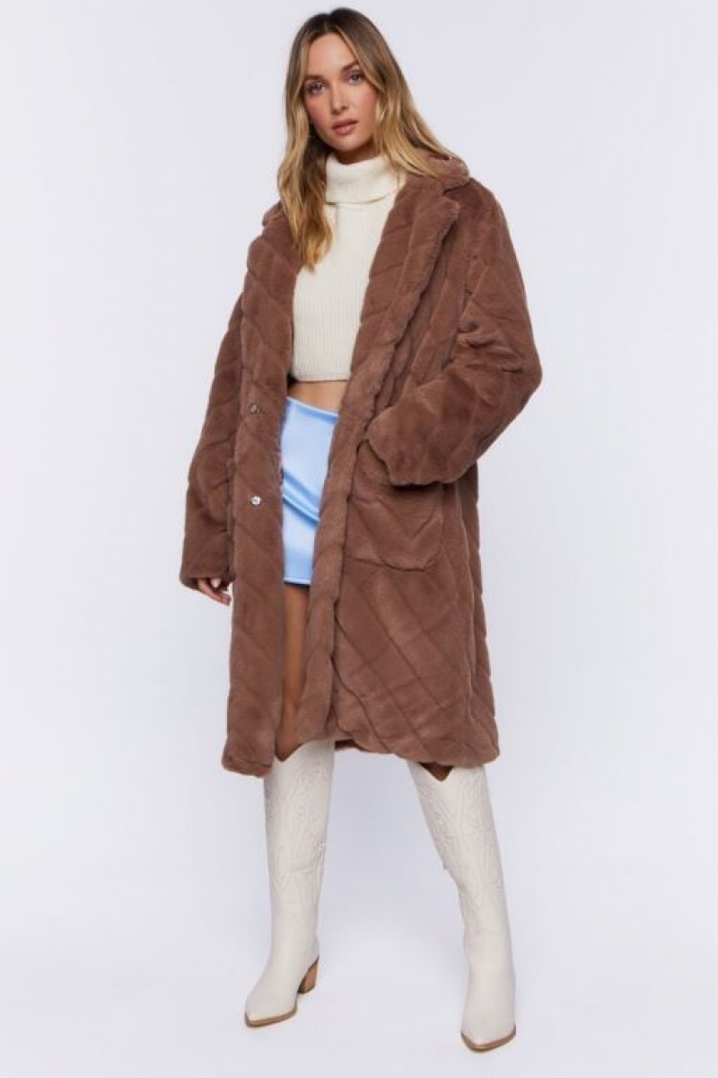 Chaqueta Acolchada Forever 21 Faux Fur Chevron Duster Coat Mujer Gris Marrones | ZSd4uuWYyMj