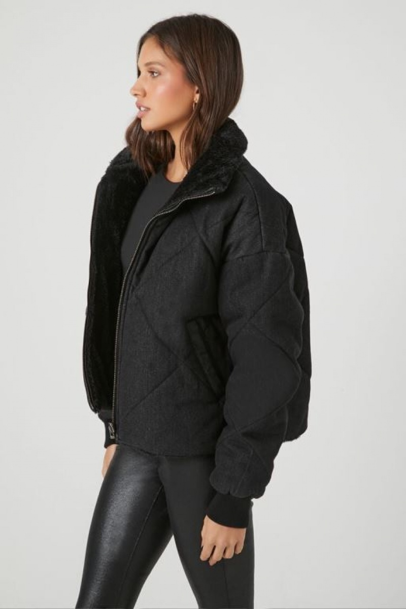 Chaqueta Acolchada Forever 21 Faux Fur Trim Acolchado Puffer Mujer Negras | 9mDe7eZA9bH