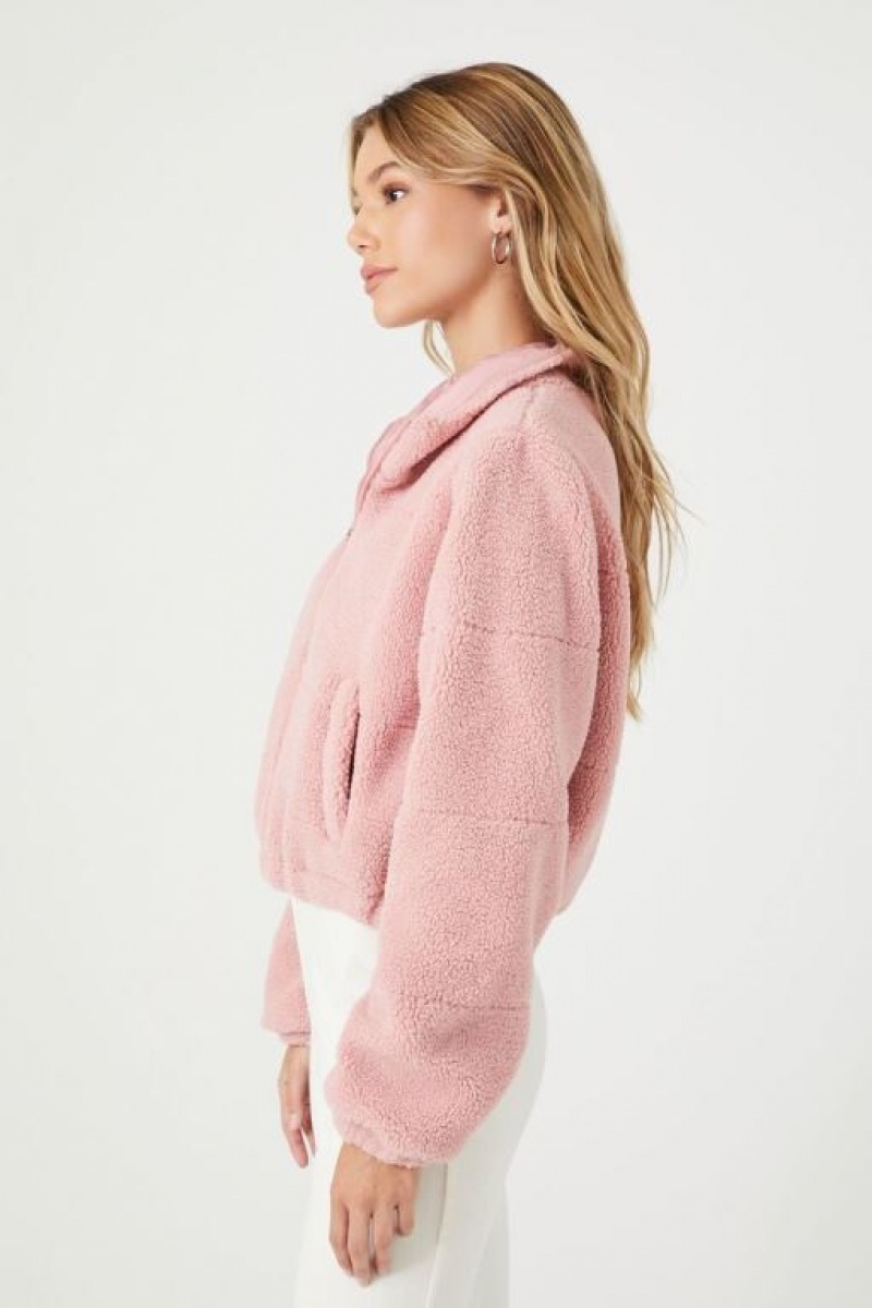 Chaqueta Acolchada Forever 21 Faux Shearling Zip Up Mujer Rosas | vXCnNyMzX2r