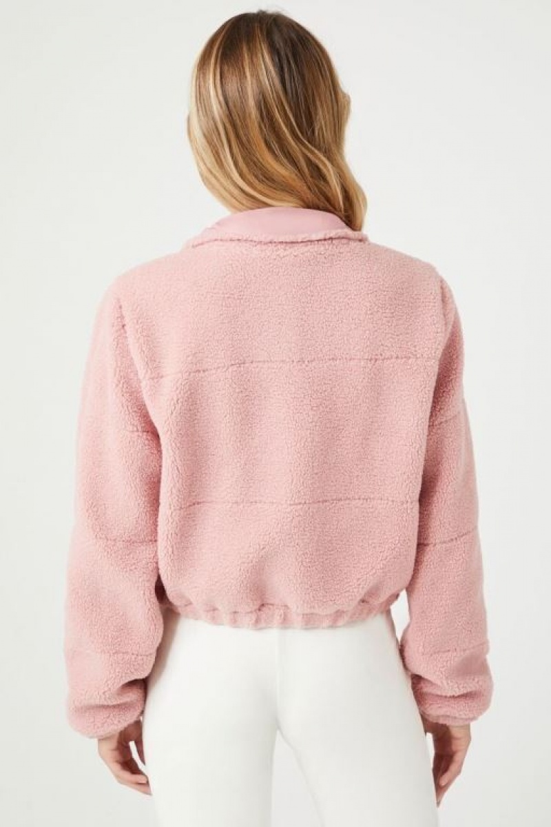 Chaqueta Acolchada Forever 21 Faux Shearling Zip Up Mujer Rosas | vXCnNyMzX2r