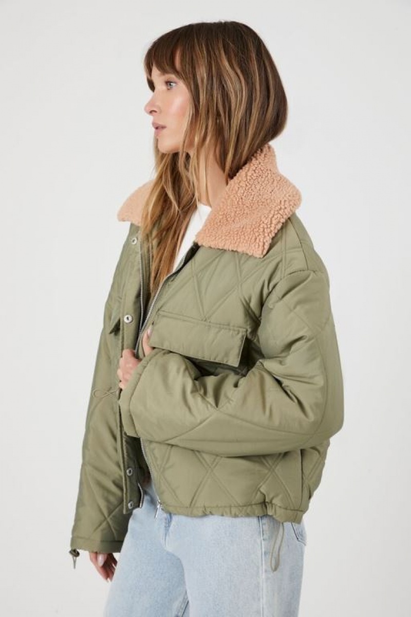 Chaqueta Acolchada Forever 21 Faux Shearling Trim Acolchado Mujer Verde Oliva | EWIquU8vfIV