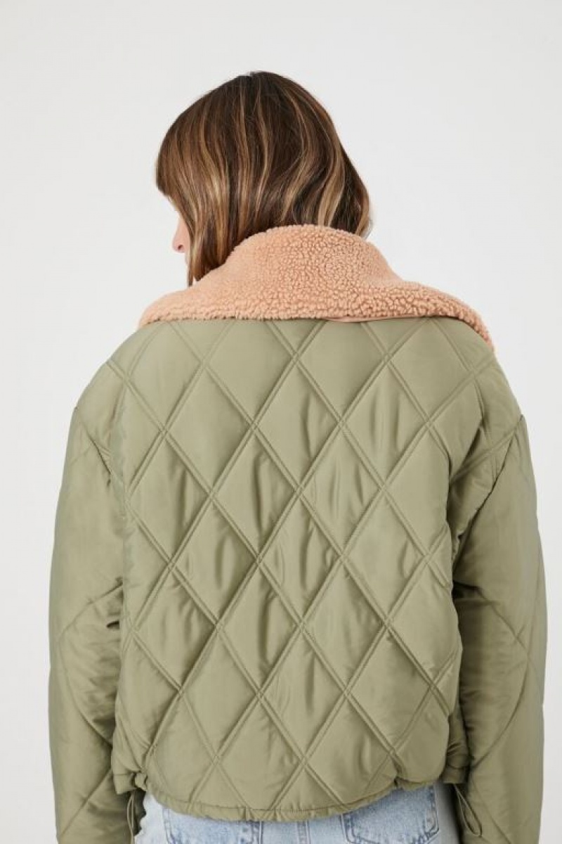 Chaqueta Acolchada Forever 21 Faux Shearling Trim Acolchado Mujer Verde Oliva | EWIquU8vfIV