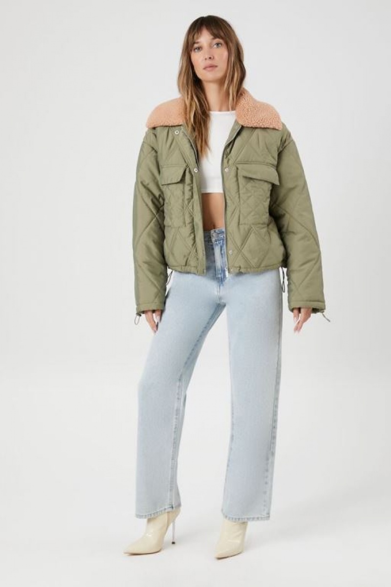 Chaqueta Acolchada Forever 21 Faux Shearling Trim Acolchado Mujer Verde Oliva | EWIquU8vfIV