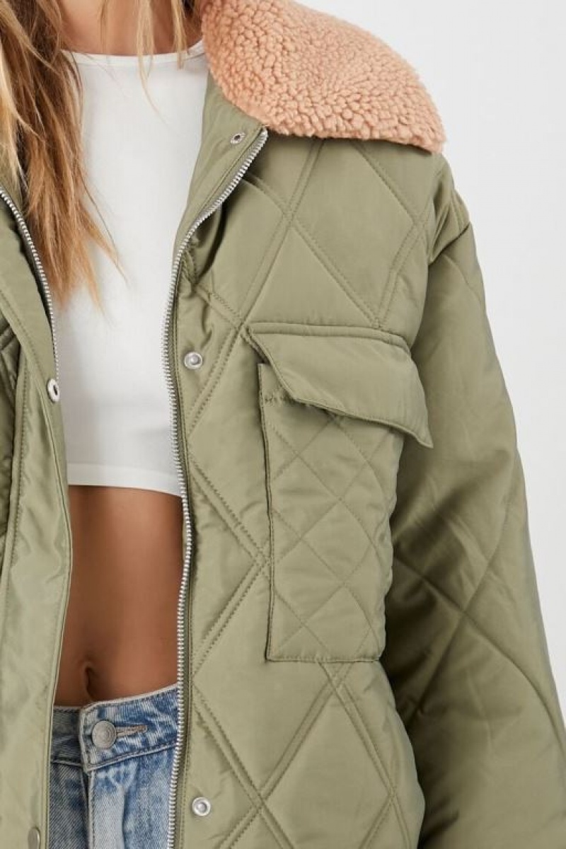 Chaqueta Acolchada Forever 21 Faux Shearling Trim Acolchado Mujer Verde Oliva | EWIquU8vfIV