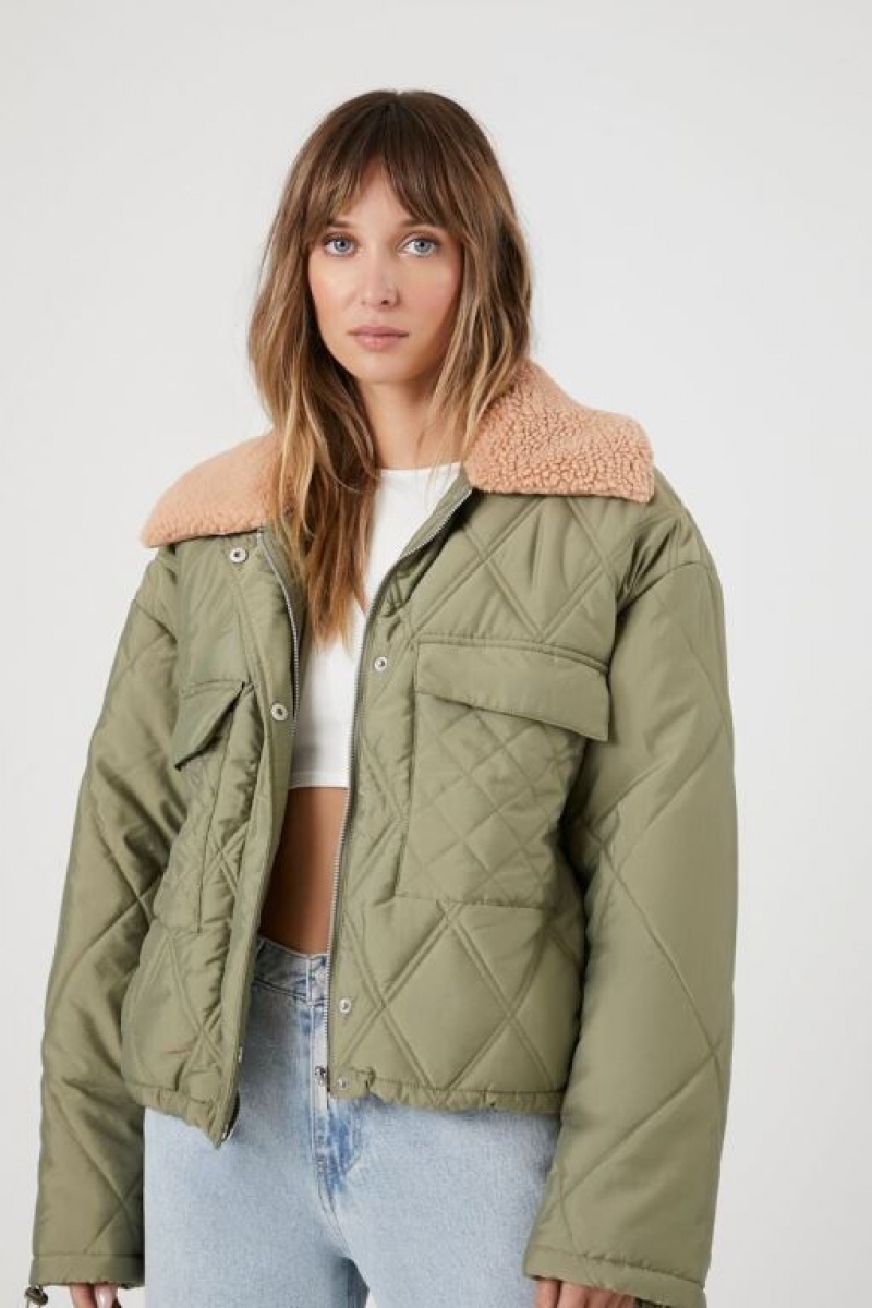 Chaqueta Acolchada Forever 21 Faux Shearling Trim Acolchado Mujer Verde Oliva | EWIquU8vfIV