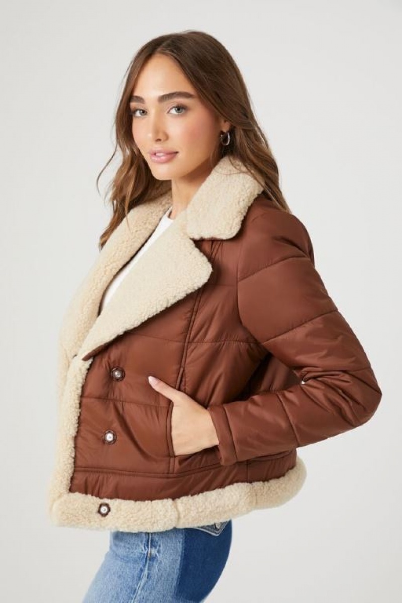 Chaqueta Acolchada Forever 21 Faux Shearling Acolchado Bomber Mujer Marrones Beige | 3ANdn41Harz