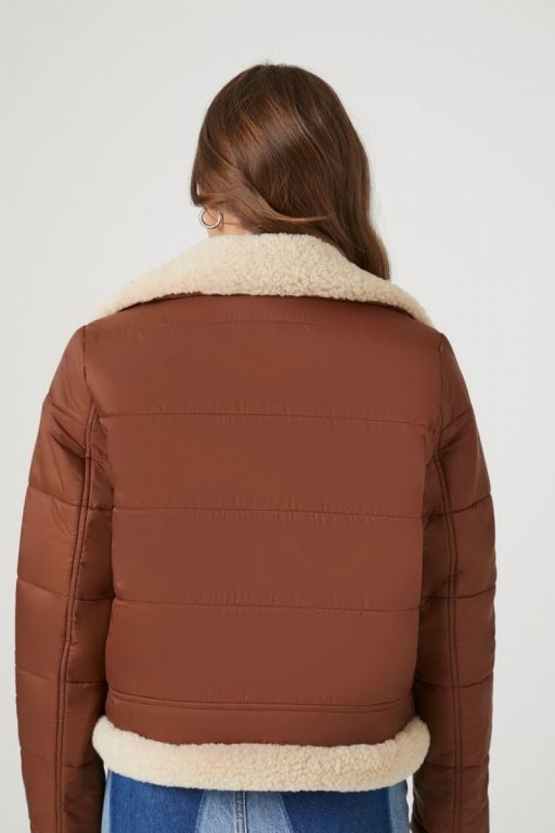 Chaqueta Acolchada Forever 21 Faux Shearling Acolchado Bomber Mujer Marrones Beige | 3ANdn41Harz