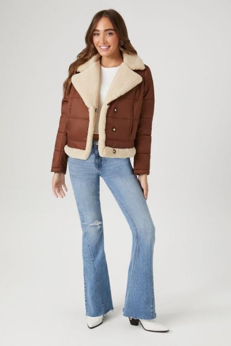 Chaqueta Acolchada Forever 21 Faux Shearling Acolchado Bomber Mujer Marrones Beige | 3ANdn41Harz