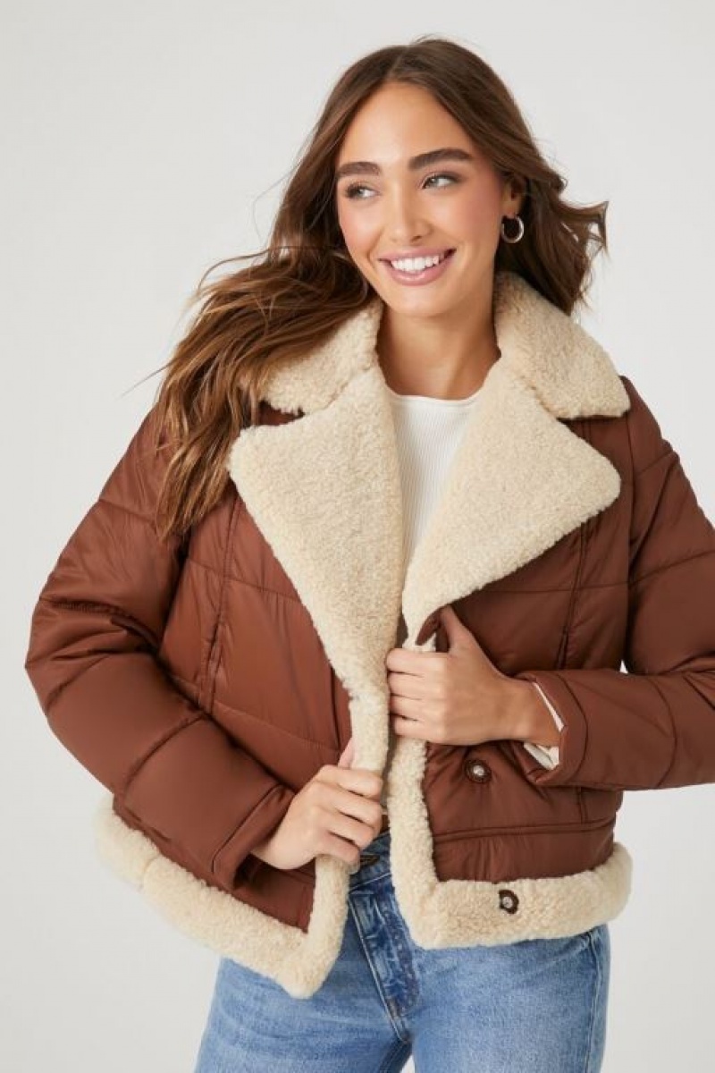 Chaqueta Acolchada Forever 21 Faux Shearling Acolchado Bomber Mujer Marrones Beige | 3ANdn41Harz