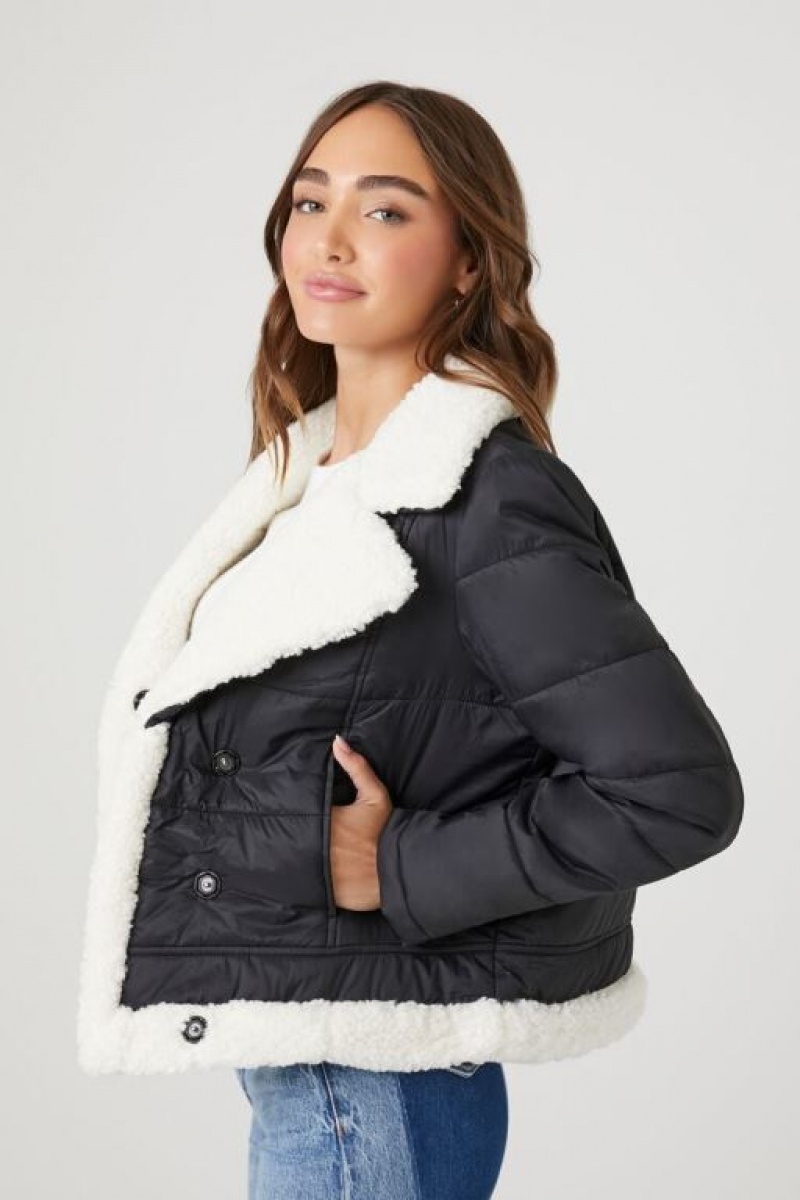 Chaqueta Acolchada Forever 21 Faux Shearling Acolchado Bomber Mujer Negras Creme | ghMNB98P3qx