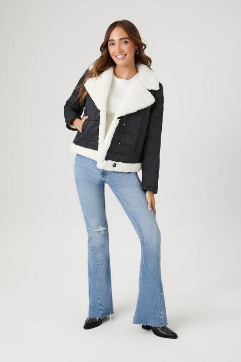 Chaqueta Acolchada Forever 21 Faux Shearling Acolchado Bomber Mujer Negras Creme | ghMNB98P3qx