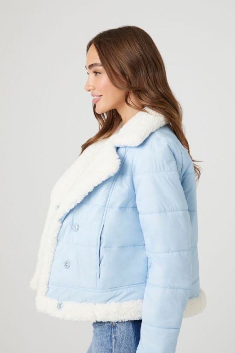 Chaqueta Acolchada Forever 21 Faux Shearling Acolchado Bomber Mujer Azules Creme | Ost0GJIo322