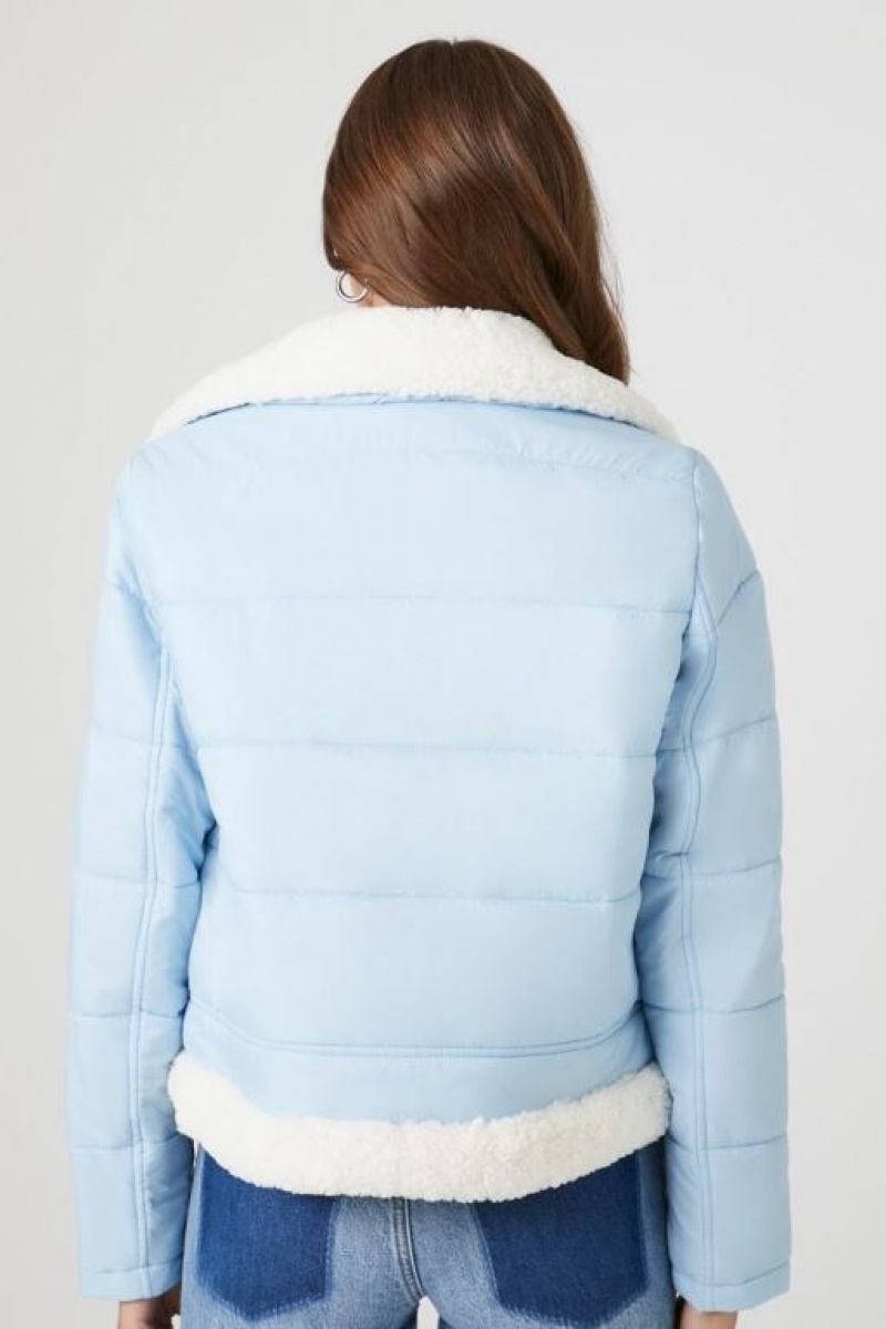 Chaqueta Acolchada Forever 21 Faux Shearling Acolchado Bomber Mujer Azules Creme | Ost0GJIo322