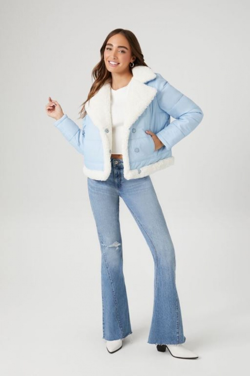 Chaqueta Acolchada Forever 21 Faux Shearling Acolchado Bomber Mujer Azules Creme | Ost0GJIo322