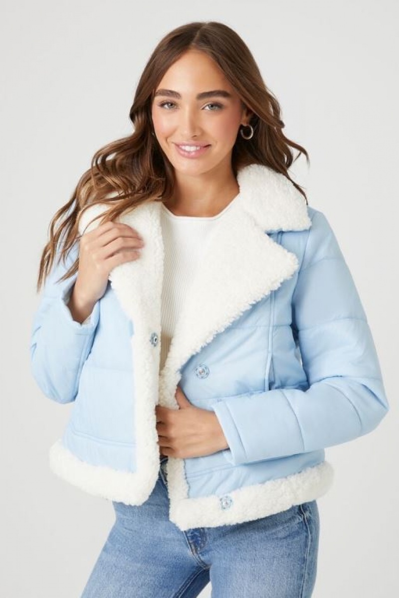 Chaqueta Acolchada Forever 21 Faux Shearling Acolchado Bomber Mujer Azules Creme | Ost0GJIo322