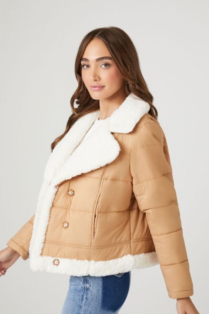 Chaqueta Acolchada Forever 21 Faux Shearling Acolchado Bomber Mujer Marrones Creme | dQyCWztYUQy