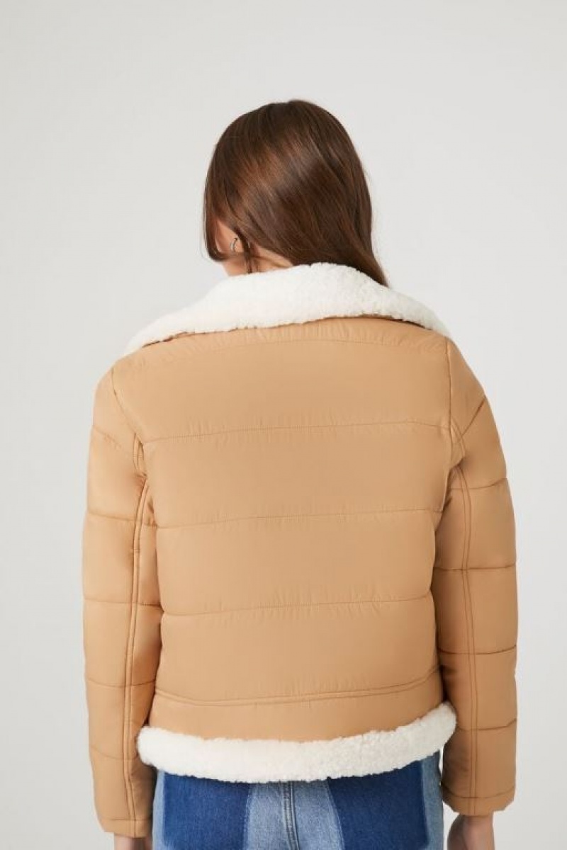 Chaqueta Acolchada Forever 21 Faux Shearling Acolchado Bomber Mujer Marrones Creme | dQyCWztYUQy