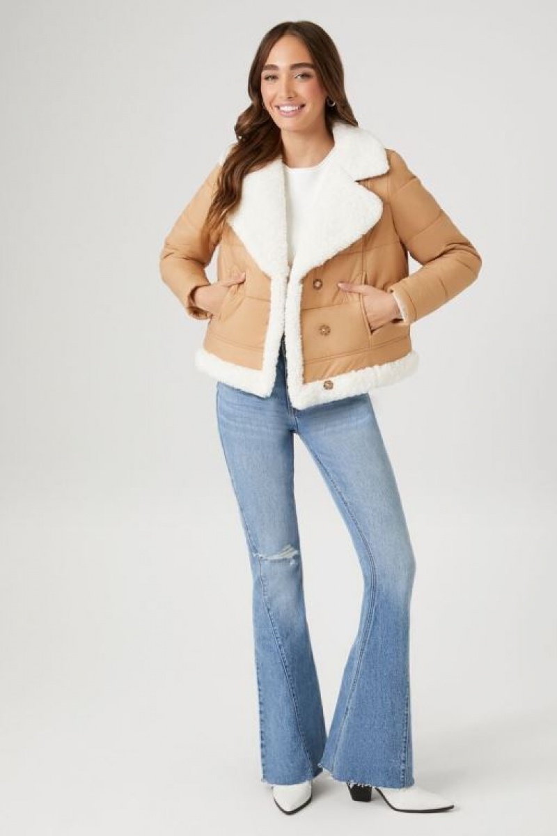 Chaqueta Acolchada Forever 21 Faux Shearling Acolchado Bomber Mujer Marrones Creme | dQyCWztYUQy