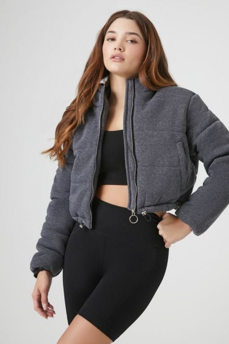 Chaqueta Acolchada Forever 21 Fleece Acolchado Hooded Bomber Mujer Gris | WA4Xfk4mbsF