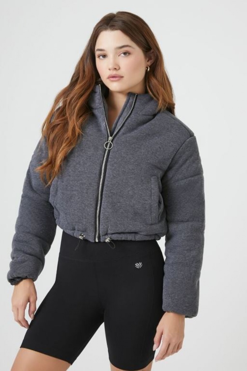 Chaqueta Acolchada Forever 21 Fleece Acolchado Hooded Bomber Mujer Gris | WA4Xfk4mbsF