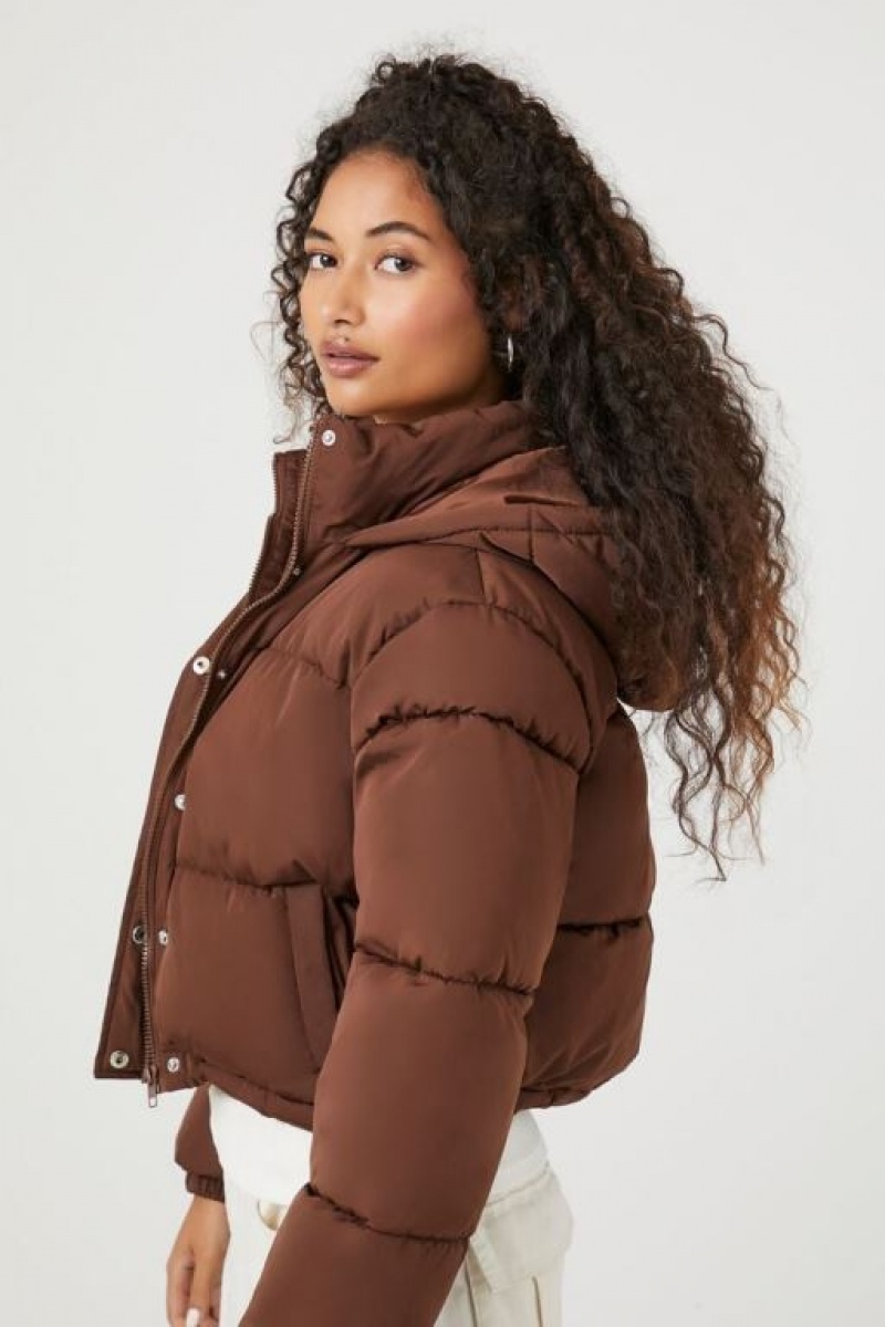 Chaqueta Acolchada Forever 21 Hooded Puffer Mujer Chocolate | DFw9TG2s5AP