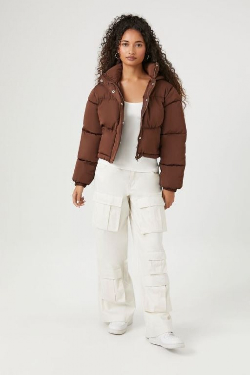 Chaqueta Acolchada Forever 21 Hooded Puffer Mujer Chocolate | DFw9TG2s5AP