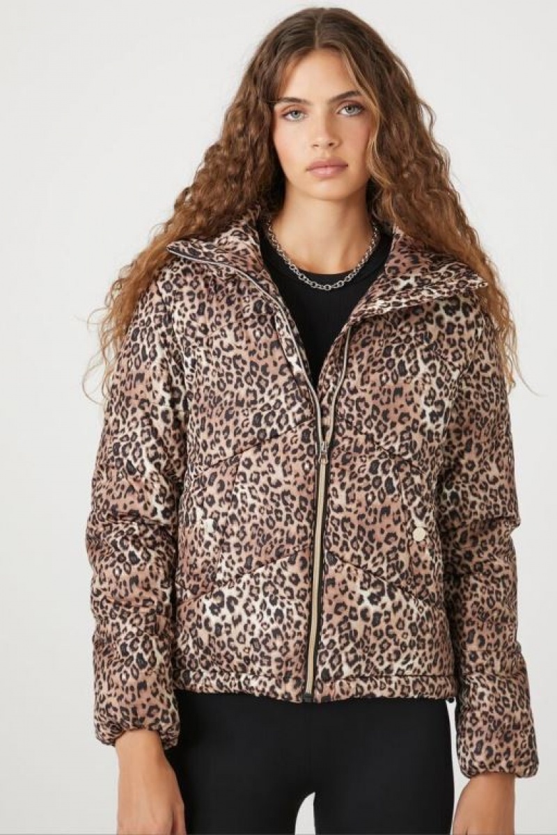 Chaqueta Acolchada Forever 21 Leopard Print Acolchado Puffer Mujer Marrones Multicolor | mOqMKVCqT1m