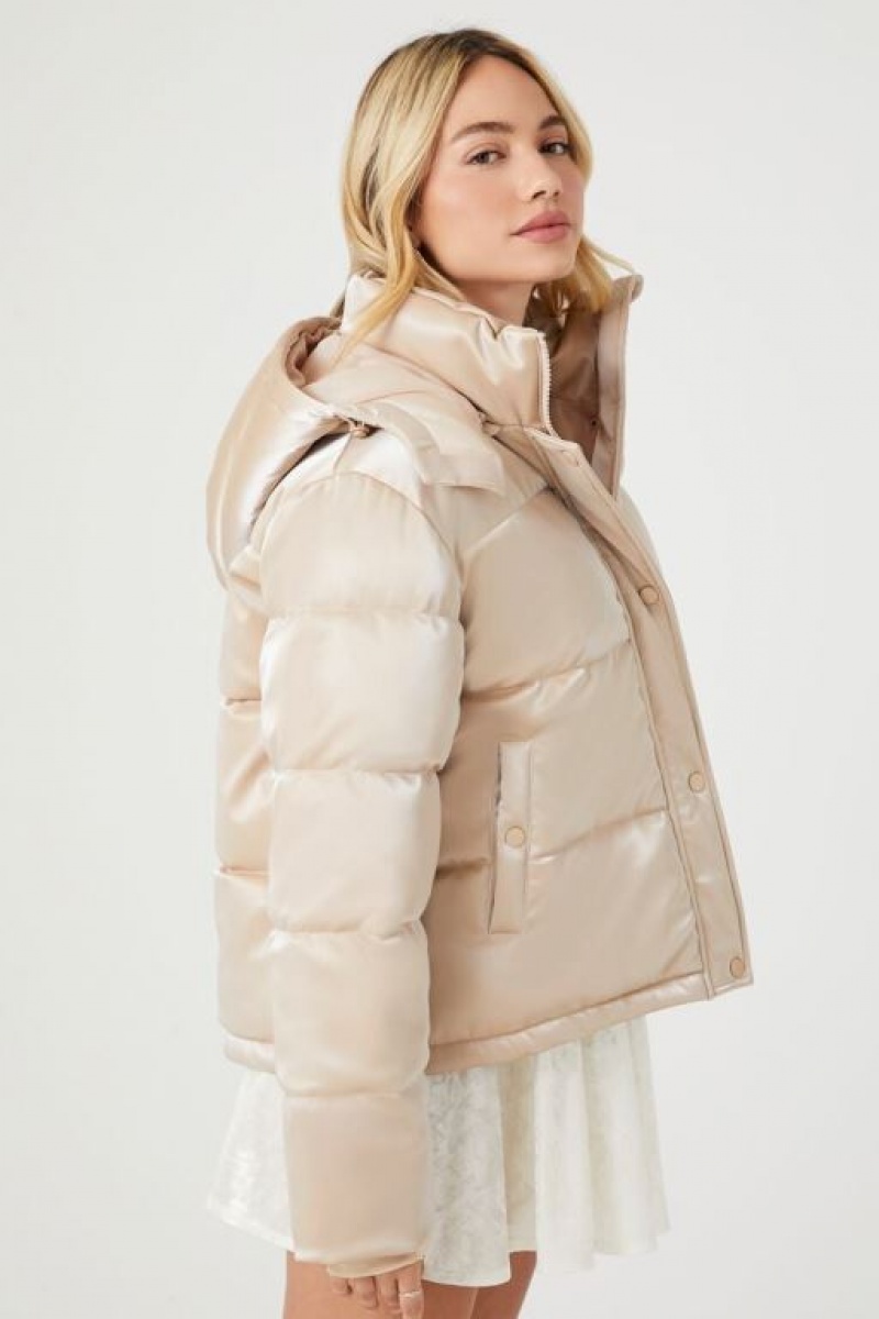 Chaqueta Acolchada Forever 21 Metallic Acolchado Puffer Mujer Beige | 3OEcUWOgp7o