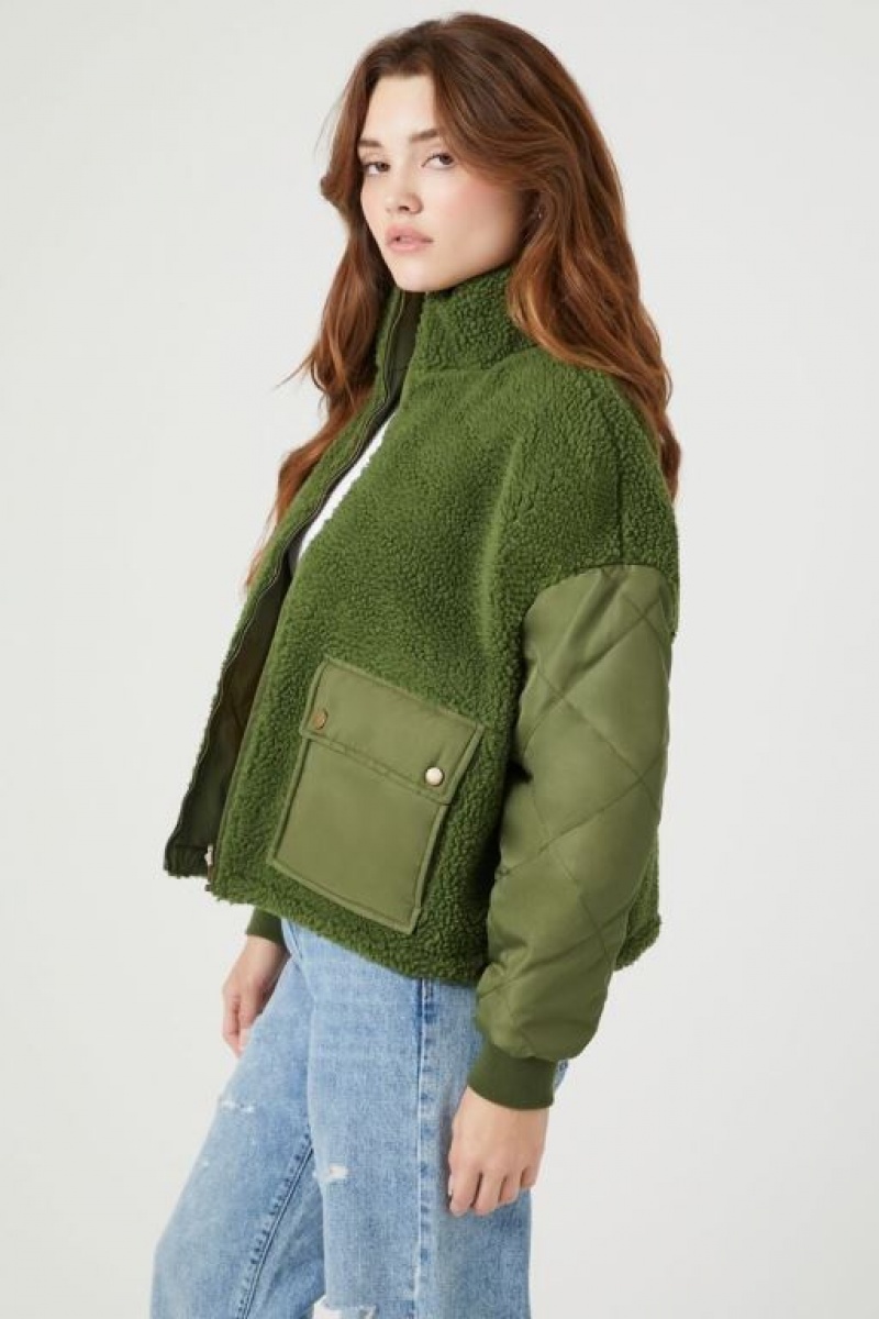 Chaqueta Acolchada Forever 21 Reversible Faux Shearling Trucker Mujer Gris Verde | xLM8j6eXGE5