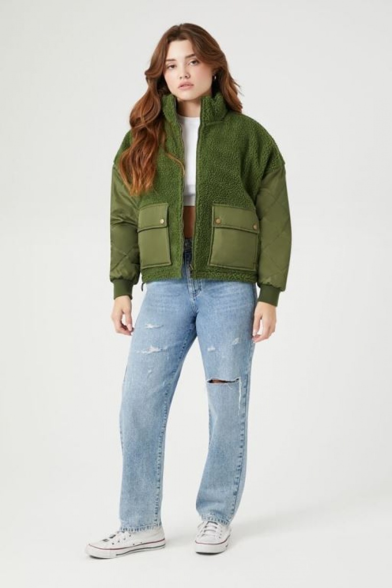 Chaqueta Acolchada Forever 21 Reversible Faux Shearling Trucker Mujer Gris Verde | xLM8j6eXGE5