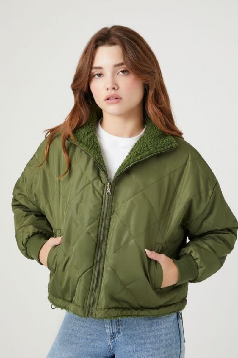 Chaqueta Acolchada Forever 21 Reversible Faux Shearling Trucker Mujer Gris Verde | xLM8j6eXGE5