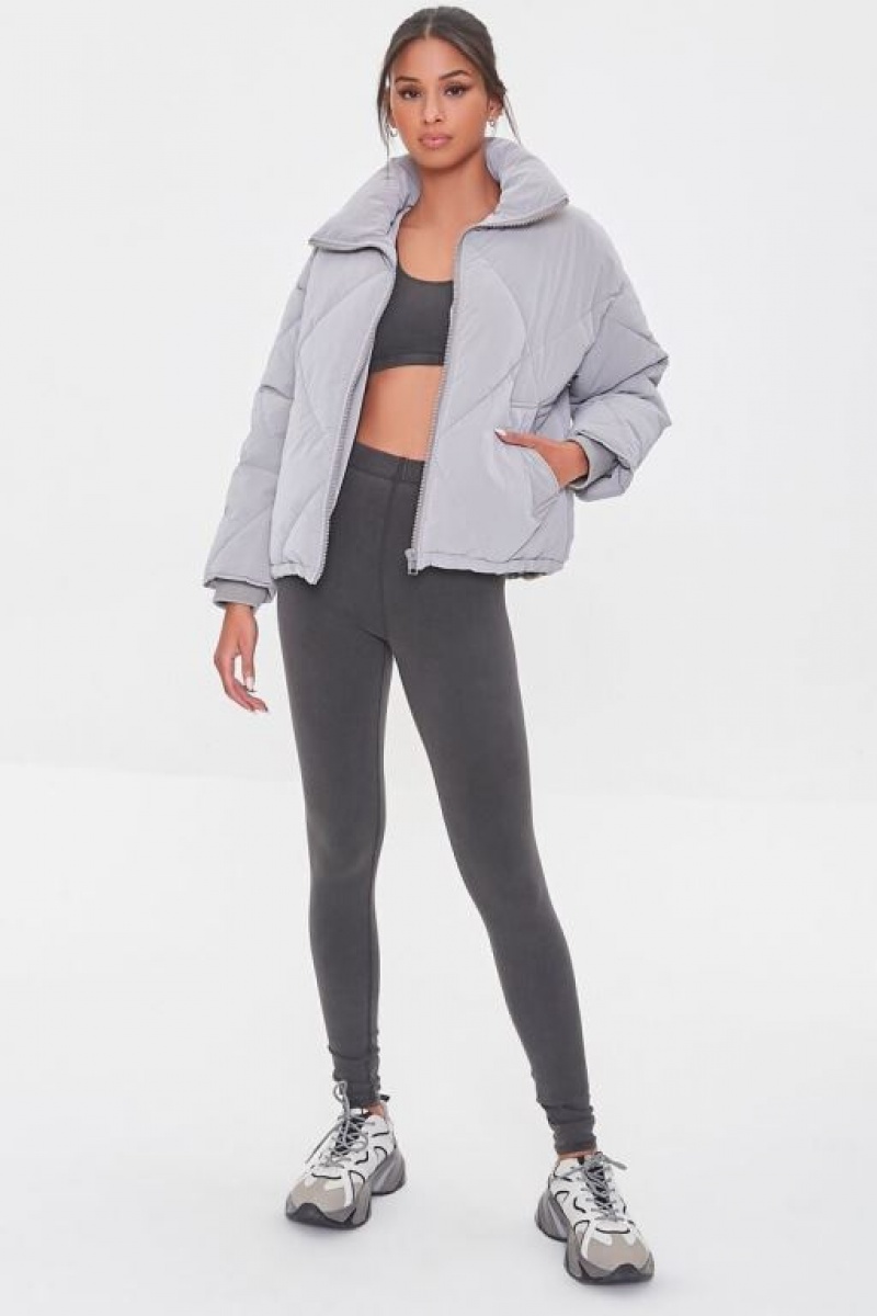 Chaqueta Acolchada Forever 21 Zip Up Puffer Mujer Gris | 8uuxxmE0qQb