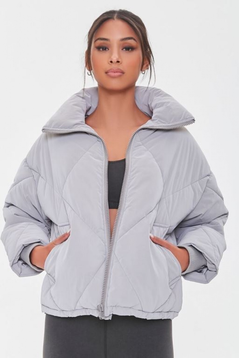 Chaqueta Acolchada Forever 21 Zip Up Puffer Mujer Gris | 8uuxxmE0qQb