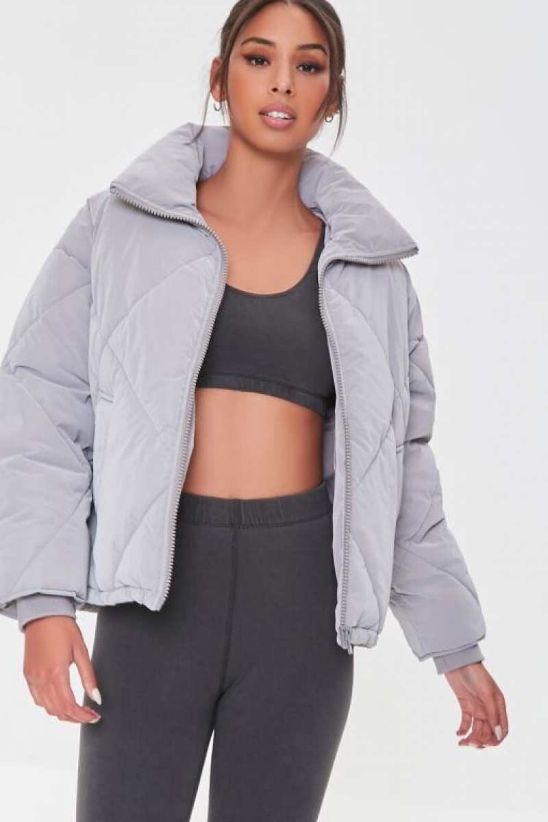 Chaqueta Acolchada Forever 21 Zip Up Puffer Mujer Gris | 8uuxxmE0qQb